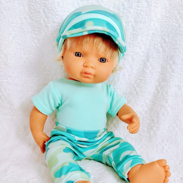 Military print pants, mint onesie / bodysuit and hat, 8 9 12 13 14 inch doll clothes, 20 - 36 cm dolls, boy doll clothes Paola Reina