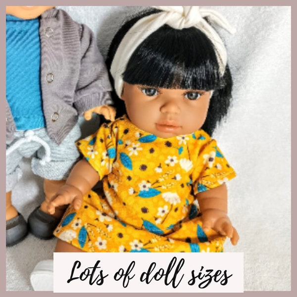 Doll set, mustard yellow floral shirt, skirt, headband, white ribbon shoes for 8 9 10 11 12 13 14 15 16 17 inch dolls, Puppenkleidung