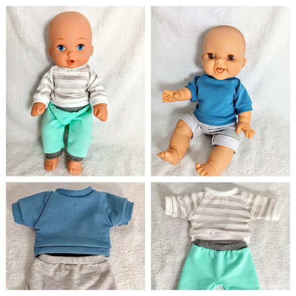 Doll shirt, pants and shorts in blue, grey stripes and mint , 8 9 10 11 12 13 14 15 16 17 inch gender neutral doll clothes