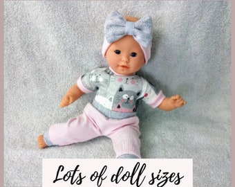 Kitties, cats in pink and grey, pants, bodysuit and headband, 8 9 12 13 14 inch doll clothes, 20 to 36 cm doll clothes