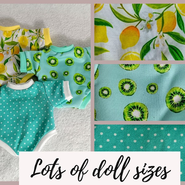 Doll bodysuit, fruity, lemons, kiwis, dots, mint and lemon , 8 9 10 11 12 13 14 15 16 17 inch gender neutral doll clothes