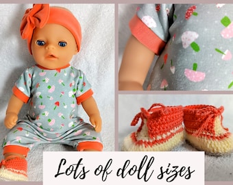 Tiny toadstools, mushroom romper, crocheted doll shoes, headband  , pajamas, sleeper, 8 9 10 12 13 14 15 16 17 inch doll clothes