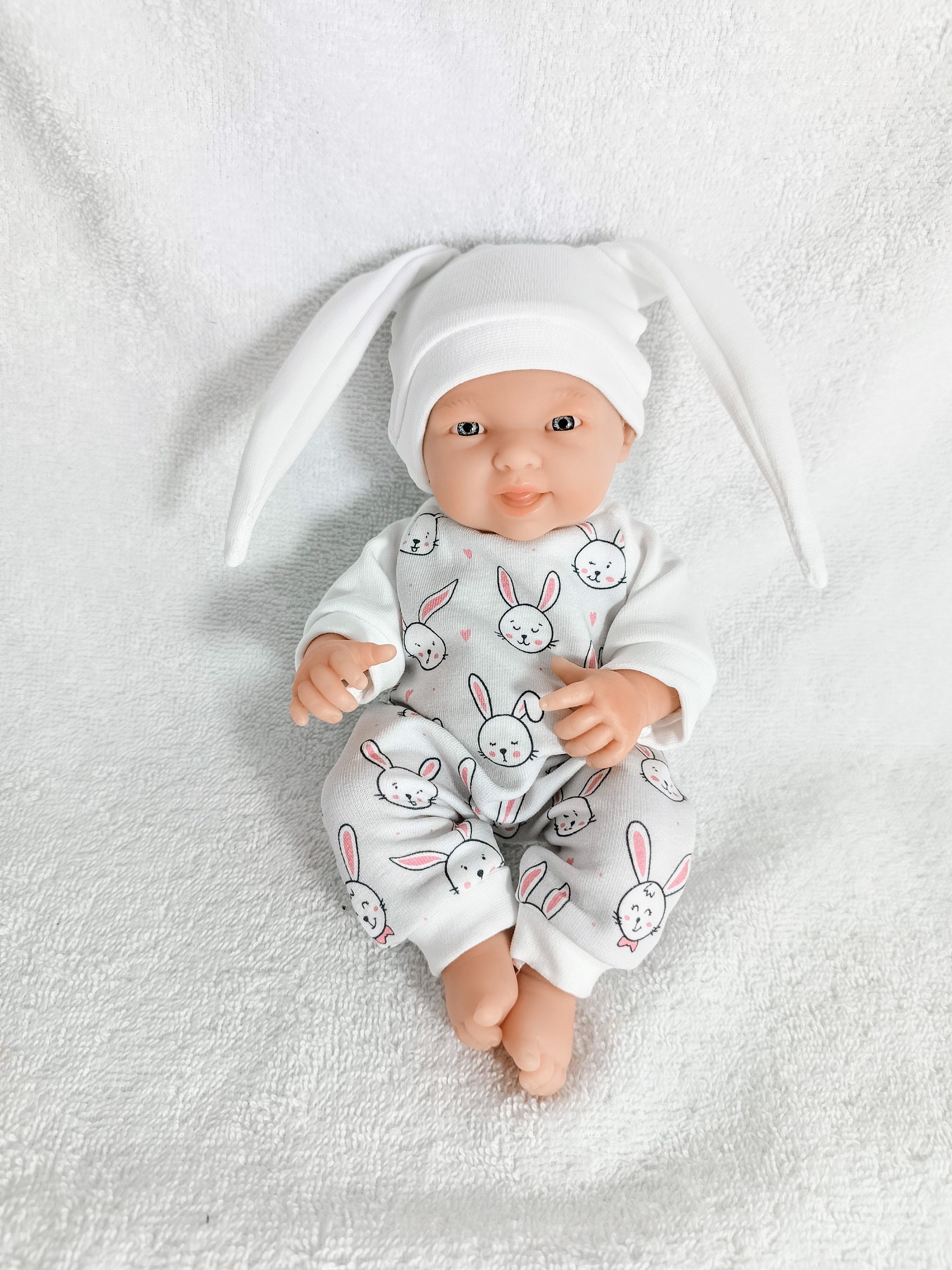 Bunny Print Doll Romper with Ears Hat: 8 Inch Doll Clothes