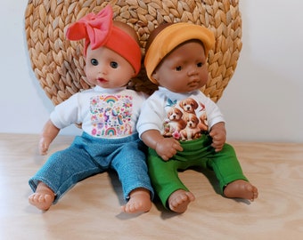 White doll t-shirt with sweet transfers, transfer designs, 8 9 10 12 13 14 15 16 17 inch doll clothes,