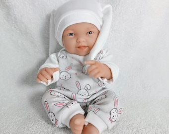 Bunnies in white and grey, doll sleeper, white doll hat with rabbit ears, doll pajamas with bunny tail, gender neutral cotton doll romper