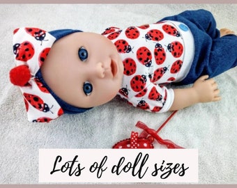 Red ladybugs, jeans looking pants, bodysuit and headband, 8 9 12 13 14 inch doll clothes, 20 to 36 cm doll clothes Melissa & Doug clothes