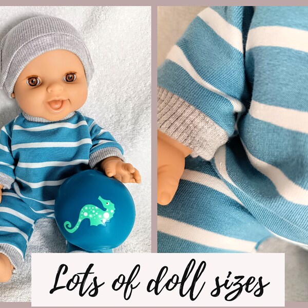 Blue, white and grey striped sleeper, long sleeves romper, pajamas and hat, 8 9 10 12 13 14 15 16 17 inch doll clothes, boy doll clothes,