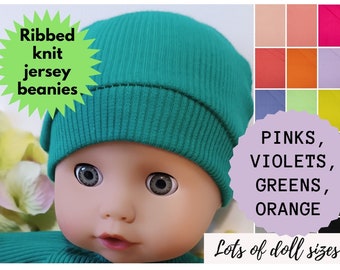Ribbed knit jersey DOLL BEANIES, beanie hats, mix of colors, 8 9 10 12 13 14 15 16 17 inch doll clothes,