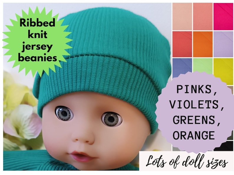 Ribbed knit jersey DOLL BEANIES, beanie hats, mix of colors, 8 9 10 12 13 14 15 16 17 inch doll clothes, image 1