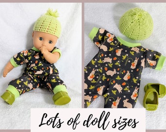 Bunnies and strawberries doll romper, crocheted hat, green shoes, booties, 8 9 12 13 14 15 16 17 18 inch doll clothes, doll sleeper overalls