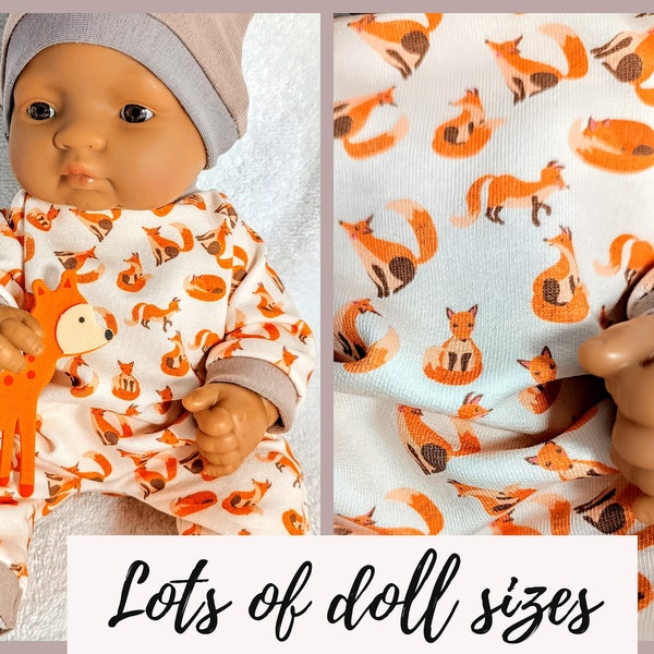 Tiny little foxes in orange and brown, long sleeves romper, pajamas and hat, 8 9 10 12 13 14 inch doll clothes, boy doll clothes,
