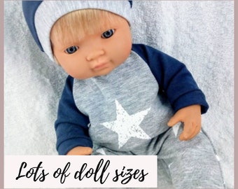 Grey and navy blue overalls, rompers, white stars,  doll clothes, 8 9 12 13 14 inch doll clothes, 20  to 36 cm boy doll clothes