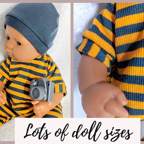 Grey and mustard yellow stripes romper, short sleeves, striped pajamas and grey hat, 8 9 10 12 13 14 inch doll clothes, boy doll clothes,