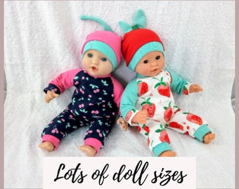 Fruity rompers, overalls and hat, strawberries and cherries,  8 9 10 12 13 14 15 16 17inch dolls, 20 to 36 cm doll clothes, unisex clothes
