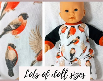 Bullfinch birds romper / sleeper / overalls, 8 9 10 12 13 14 inch doll clothes, 20 to 36 cm, boy and unisex doll clothes Corolle clothes