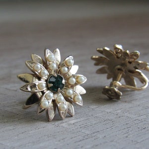 Vintage Grün Goldton Strass Blumen Stern Screw Back Perle Ohrringe