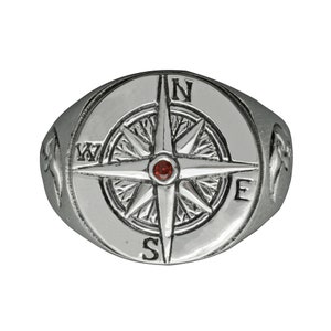 Beldiamo 9 g Sterling Silber Compas Rose Sailor mit Halbmond Schnitzerei Handgemachte Zirkonia Roter Granat Ring Geschenk Schmuck