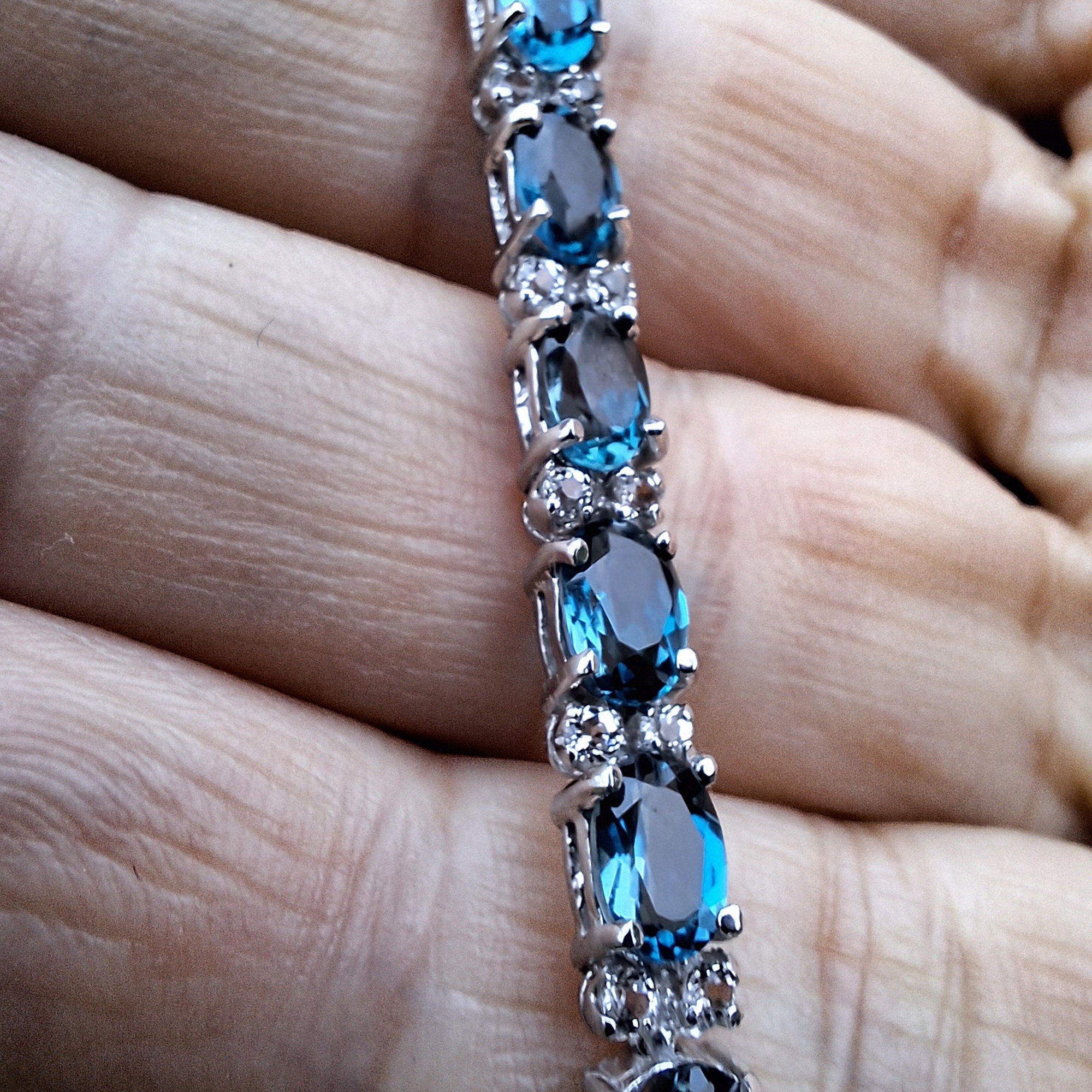 Bracelet Tennis Or Flash 925 Et Topaze Bleu Londres - Longueur 7,25 Pouces, Largeur 5,8 Mm, Neuf Sans Emballage