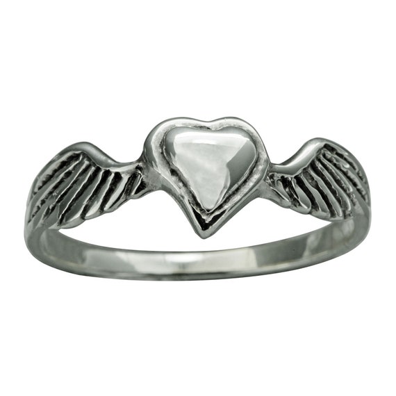 Genuine 925 Sterling Silver Angel Wings with Heart Ring