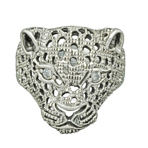 Beldiamo 9 g Solid 925 Sterling Silver Leopard Puma Tiger Head White Cubic Zirconia Eyes Animal Ring