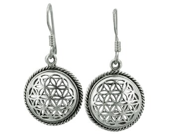 Sterling Silver Flower of Life Earrings, Sacred Geometry Dangle Earrings