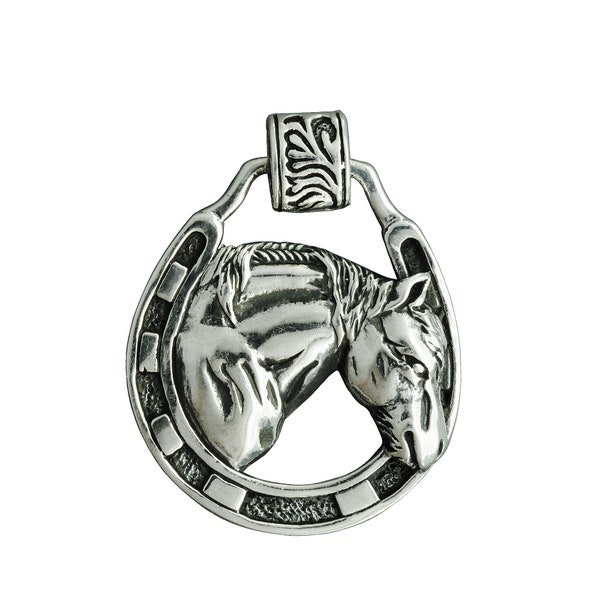 Horse in Horseshoe Pendant,925 Sterling Silver, Horse Head Necklace, Good Luck Pendant,Lucky Horseshoe,Western Gift for Men Women byBeldiamo