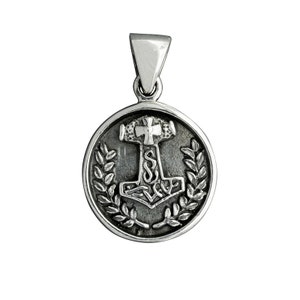 Thor&#39;s Hammer  Mjolnir Laurel Leaf Viking Pendant 925 Sterling Silver 5.4 Stamped BELDIAMO