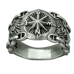 Boussole Rosse avec corde, chaîne, ancres, symbole Viking, bague en argent sterling 925, 7,5 g, Beldiamo