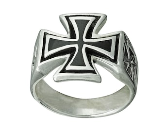 Maltese Knight Templar Cross with Black Enamel  Malta Crusaders Ring 11 g 925 Sterling Silver BELDIAMO