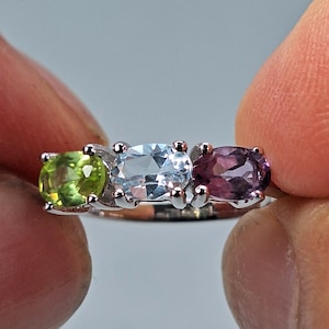 Amethyst 0.45ctw,Peridot 0.49ctw,Sky-blue Topaz 0.53ctw,3-Stone Ring,  925 Sterling Silver,Natural Multicolor Gemstone Ring Size 7,25