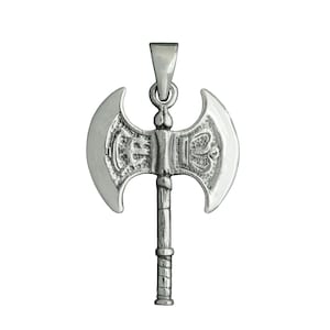 May include: A silver double-headed axe pendant with a detailed design. The axe has a crown on each side of the blade and a textured handle.