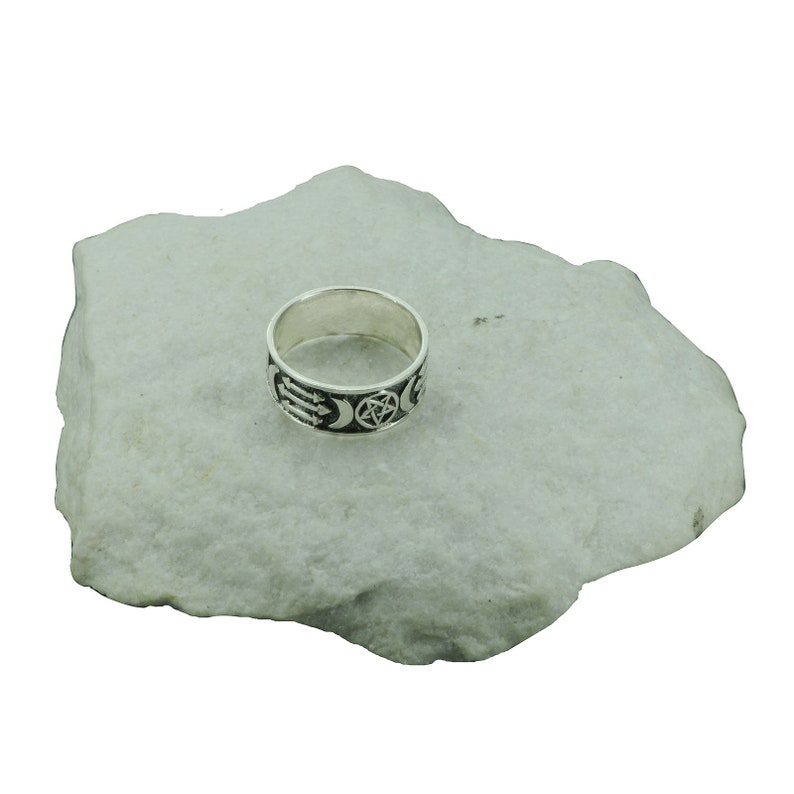 Triple Moon Lunar Coddess Pentagram Wika Pagan Ring 7 g Sterling Silver Beldiamo
