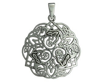 May include: Silver Celtic knot pendant featuring four intertwined horses in a circular design.