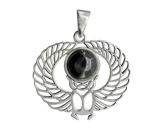 Skarab Beetle Pendant, 925 Sterling Silver and  Black Onyx,Egyptian Winded Scarab Pendant, Onyx Skarab Gift Jewelry for Men  and Women