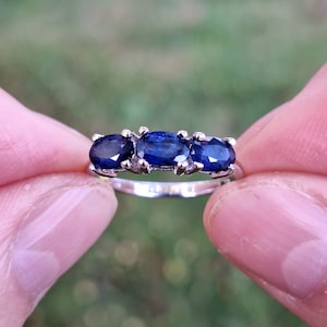 Natural Blue Sapphire Trilogy Ring 925 Sterling Silver Three Stone Oval Cut Handmade September Birthstone Gift Engagement Band