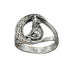 Howling Wolf at the Crescent Moon  Ring, 925 Sterling Silver Celtic Style Stunning Wolf Odin,Fenrir, Norse Mythology, Gift by Beldiamo