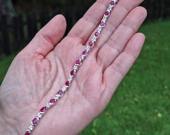 Pigeon Blood Red Ruby Bracelet 925 Sterling Silver Oval Cut with Topaz Accent Stones Natural Elegant Jewelry Gift for Her