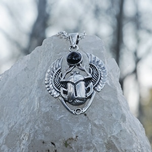 Scarab Pendant with Black Onyx 7.5 g 925 Sterling Silver  Winged Egyptian Skarab Beetle inspired by Ancient Egypt Gift Men Women by Beldiamo