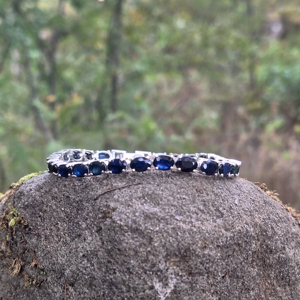 Natural Blue Sapphire 18 ctw Silver Tennis Bracelet,925 Sterling Silver,Handcrafted Gemstone Bracelet ,Birthstone Jewelry by Beldiamo