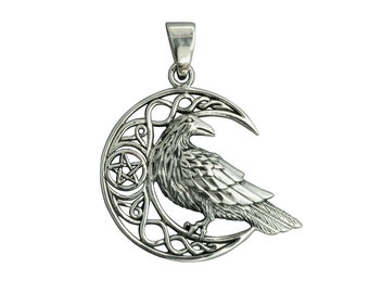 Raven on Crescent Moon 925 Silver Pendant Celtic Style Pentagram Raven  Odin Viking Paganism Gifts  For Men and Women by Beldiamo