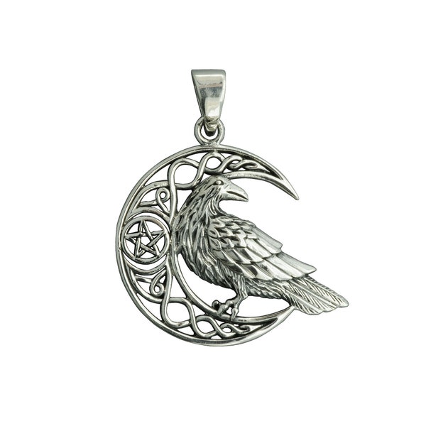 Raven on Crescent Moon 925 Silver Pendant Celtic Style Pentagram Raven  Odin Viking Paganism Gifts  For Men and Women by Beldiamo