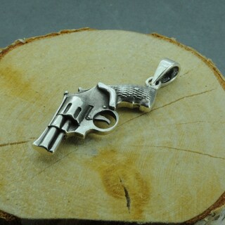Ciondolo Revolver In Argento Sterling 925 - Stile Western Magnum - Per Bracciali Europei A Scivolo - Finitura Anticata