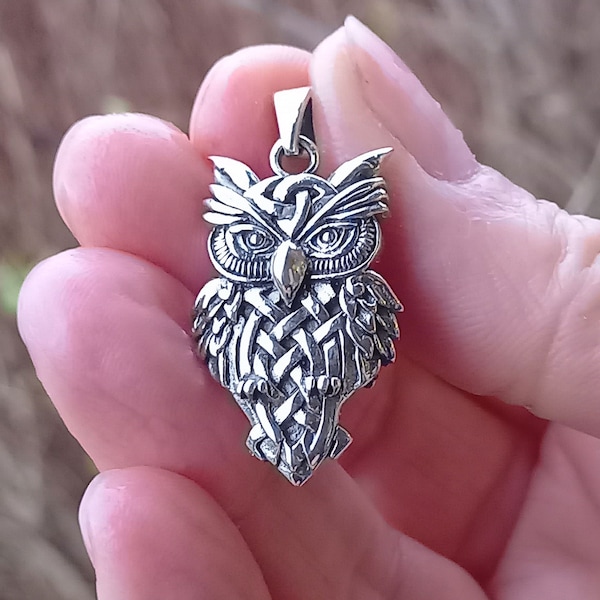 Owl Silver Pendant,925 Sterling Silver 8 g, Celtic Viking Style Wise Owl Silver Animal Necklace Silver Gift  Men Women Jewelry by Beldiamo