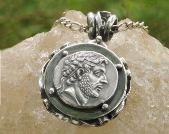 Sterling Silver Greek Coin Pendant: Philip V, Heracles - Handcrafted