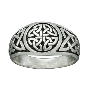 May include: A silver ring with a Celtic knot design. The knot is in the center of the ring and is surrounded by a border of smaller knots.