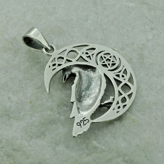 Raven on Crescent Moon 925 Silver Pendant Celtic Style
