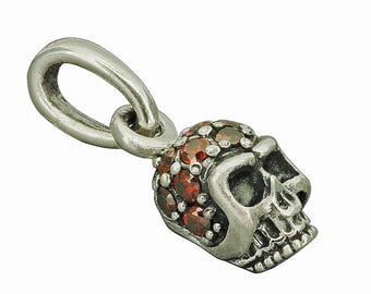 Sterling Silver Skull Pendant with Red CZ, Gothic Skull Necklace, Biker Skull Charm, Human Skull Jewelry, Gift for Men Women