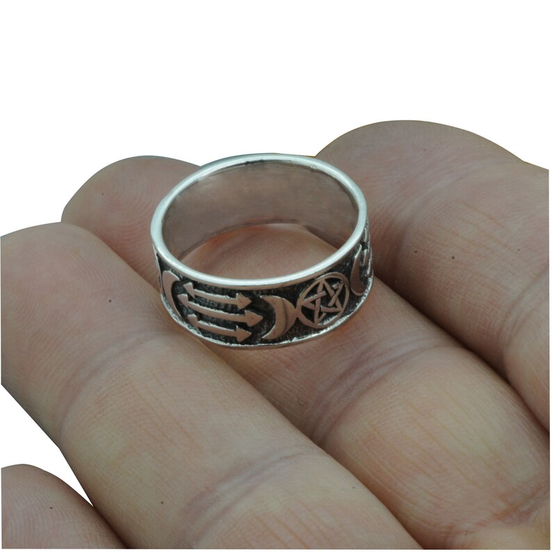 Triple Moon Lunar Coddess Pentagram Wika Pagan Ring 7 g Sterling Silver Beldiamo