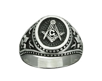 Freimaurer Silber Masonic Ring: Freimaurer Symbol G, Fleur de Lis