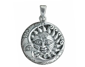 Sterling Silver Sun Moon Pendant: Boho Celestial Necklace